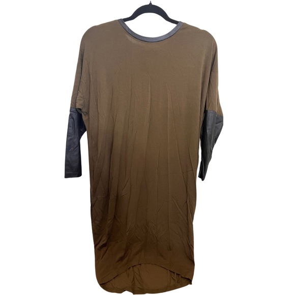 Dresses & Skirts - Olive Green Mini Dress with Faux Leather Sleeves and Trim, size small